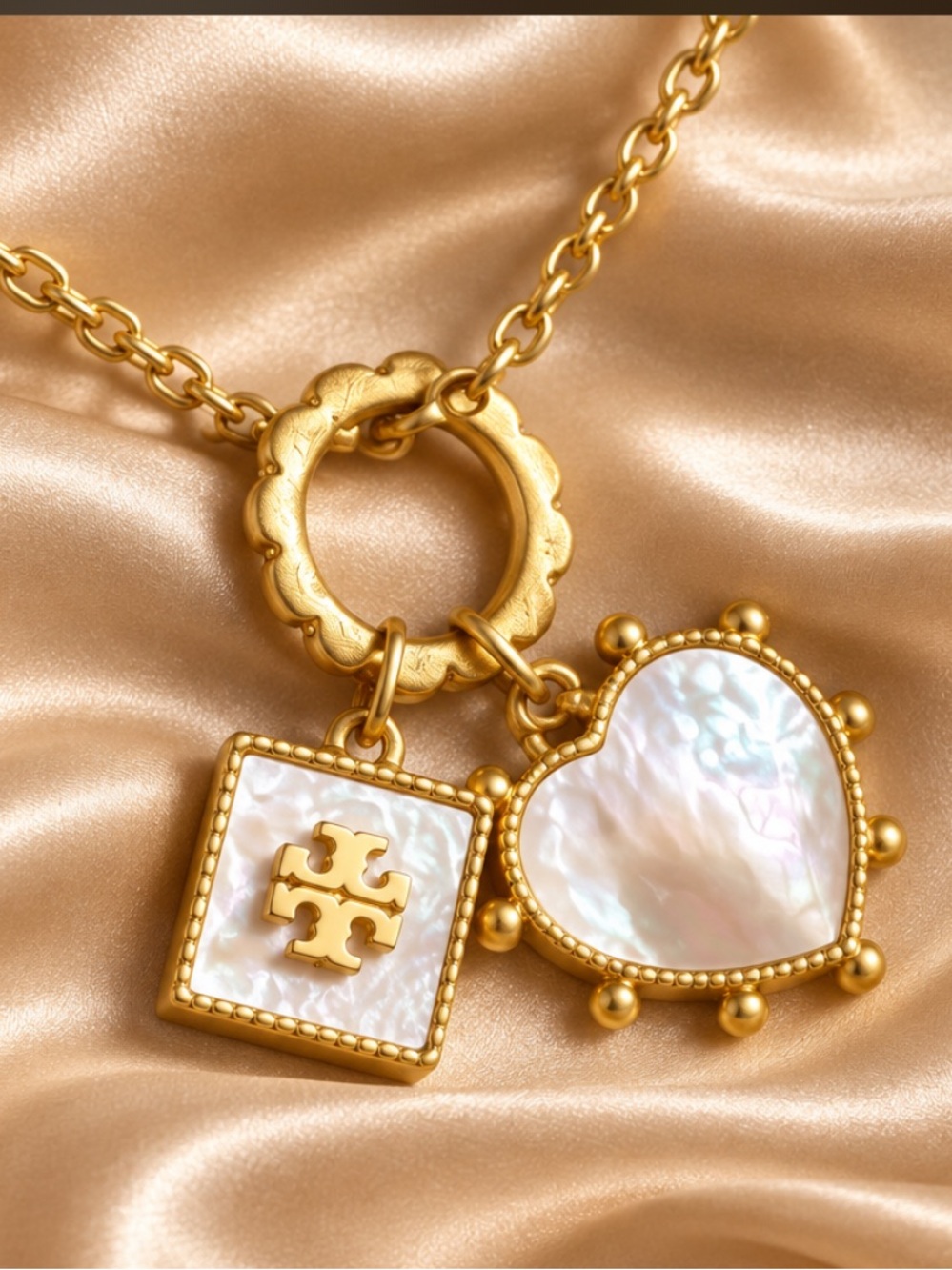 Tory Burch Gold Necklace with Heart and Square Charms